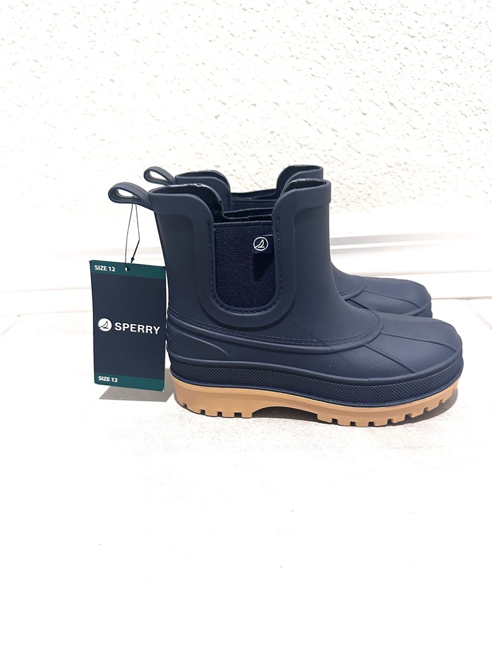 Sperry Kids Navy Rain Boots with Tan Lug Sole